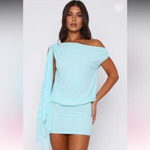 White Fox Boutique One-Shoulder Aqua Dress